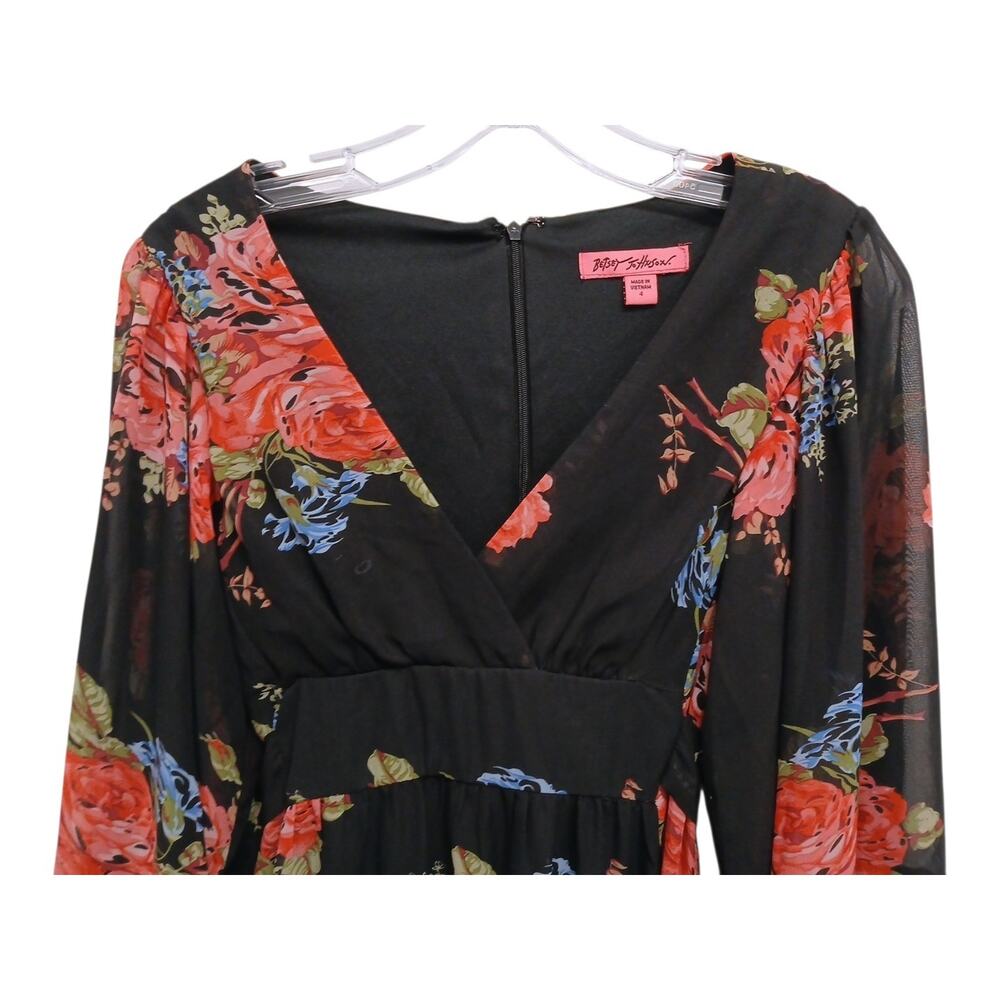 Betsy Johnson Floral Mini Dress Sz 4 Black Pink Babydoll Bell Sleeves Whimsigoth - Picture 8 of 16